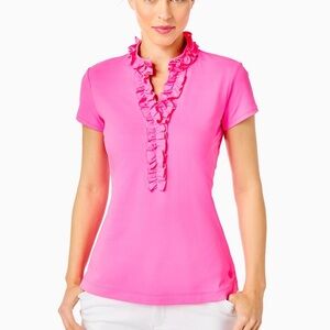 Lilly Pulitzer Frida Ruffle Polo Shirt Pink Isle UPF 50+ size small